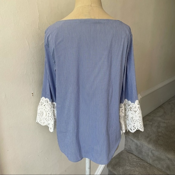 ZARA Pinstripe Crochet Lace Guipure Sleeve Blouse - Picture 6 of 10